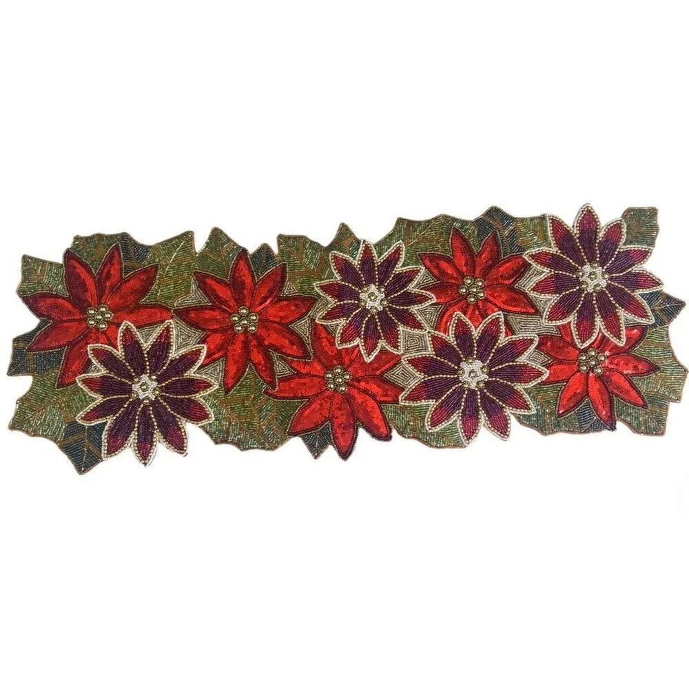 Christmas Red Poinsettia Table Runner Fully Beaded Holiday Satin Backed 36x13